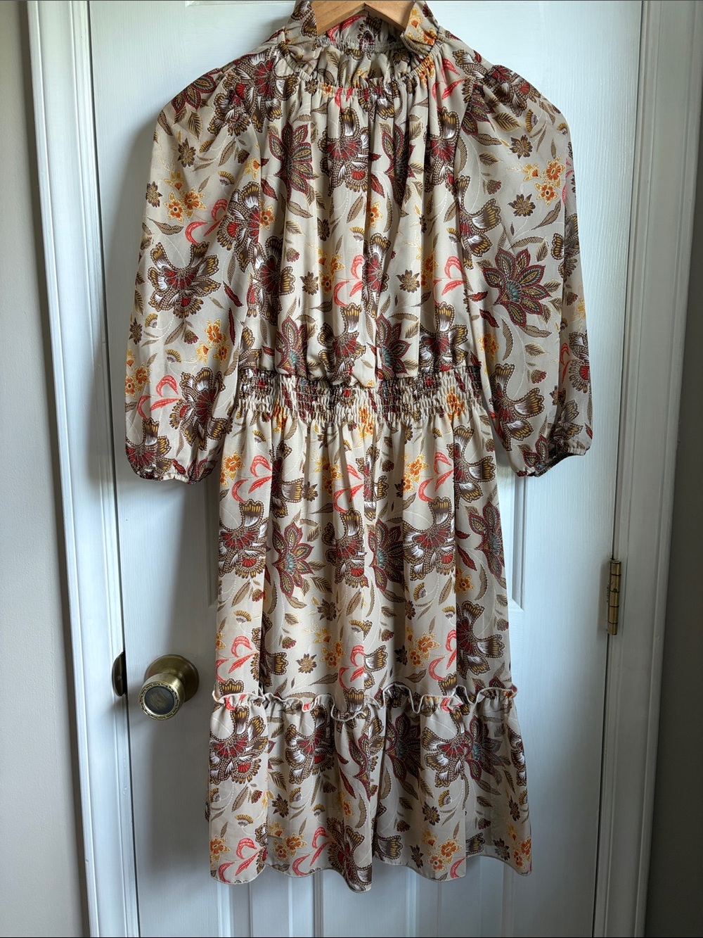 Kate and Lilly Cream Chiffon Floral Smock Waist Cottagecore Dress